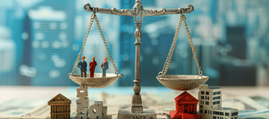 Eine Waage. Auf der linken Seite befinden sich Menschen. Die Rechte Seite wird von Gebäuden gestützt
