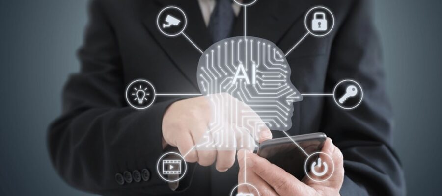 Business Intelligence Tools Comparison - Businessman with smartphone uses artificial intelligence: Networked symbols for analysis, security and digital technologies