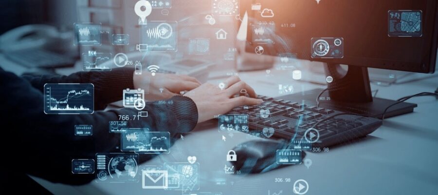 Digital transformation company Cover picture - Working on the computer with digital data visualizations and analyses: BI user evaluates real-time data and dashboards