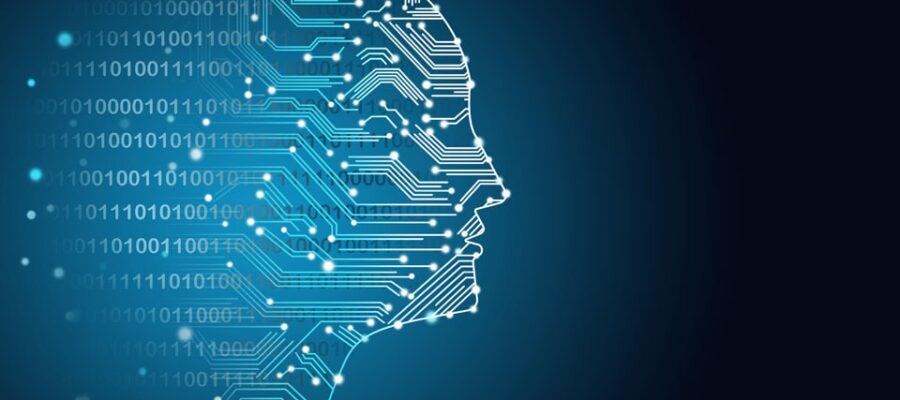Artificial intelligence controlling Cover image - Visualization of a digital head silhouette made of circuits and binary code - symbolic image for the use of artificial intelligence controlling