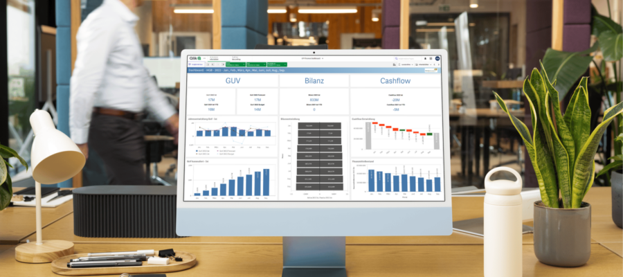 Modernes Büro. Im Vordergrund steht ein Schreibtisch mit Monitor. Auf dem Bildschirm ist ein Qlik Sense Dashboard zu sehen mit den Bereichen GuV, Bilanz und Cashflow sowie mehreren Diagrammen. Im Hintergrund läuft eine Person unscharf durch den Raum, rechts stehen Zimmerpflanzen.