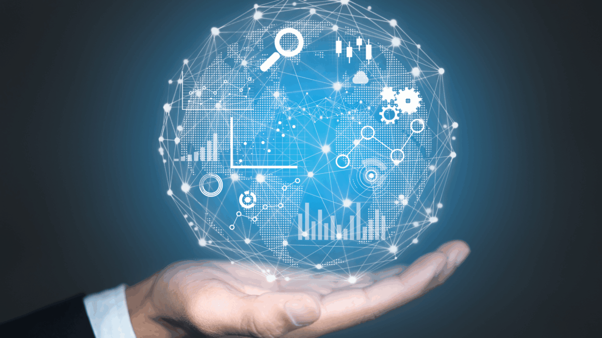 Security Analytics Cover Image - Open hand holding a digital, glowing globe with interconnected symbols for data analysis, security, charts, and technology - representing global data connectivity and analytics.