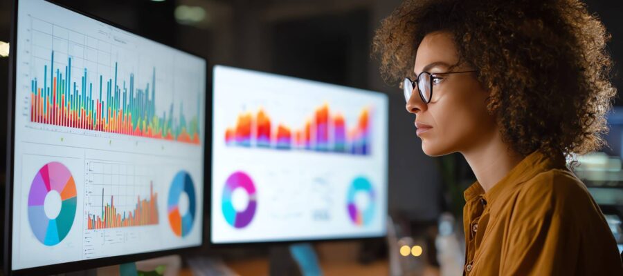 Predictive Analytics Cover image. Data analyst viewing interactive charts and dashboards on two monitors to evaluate predictive analytics results.