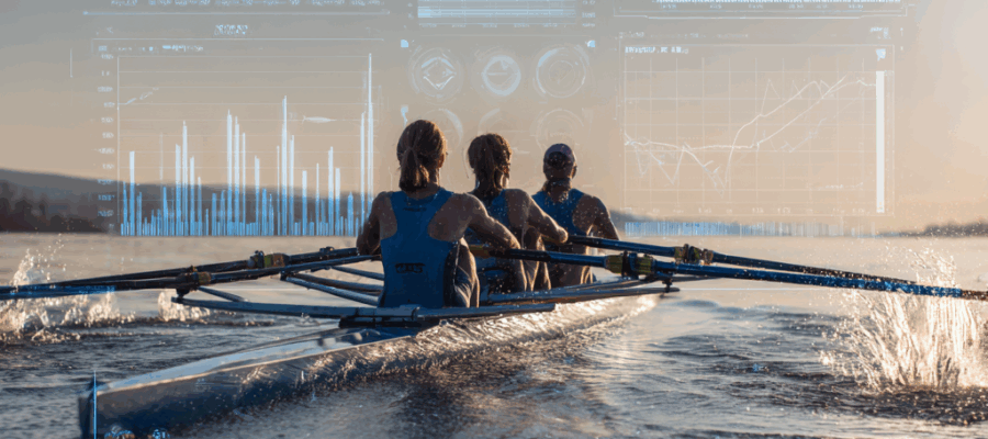 Ein Ruderteam in einem schnittigen Boot. Im Hintergrund sind Diagramme oder Dashboards dezent eingeblendet, um die Kontrolle und wertorientierte Steuerung darzustellen.