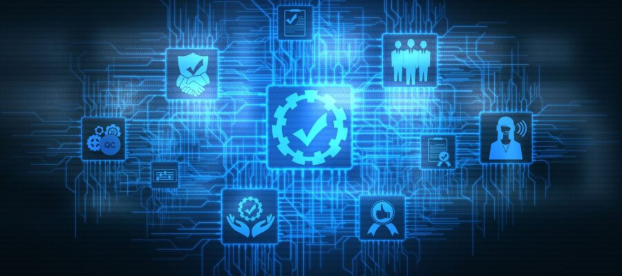 Data Quality Management Titelbild. Symbolische Darstellung von Data Quality Management mit digitalen Icons für Qualitätssicherung, Compliance, Zusammenarbeit und Automatisierung auf einem blauen Technologieraster.