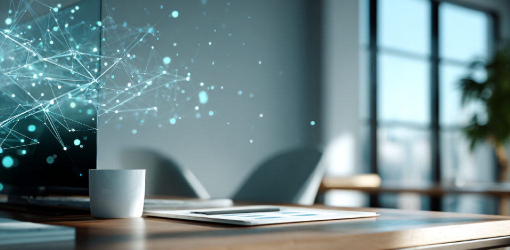 Moderner Schreibtisch in einem hellen Büro. Über der Arbeitsfläche sind abstrahierte, miteinander verbundene Daten und Linien dargestellt, die integrierte Finanzplanung und vernetzte Prozesse symbolisieren. Ruhige Farbgebung, klare Struktur, keine Personen im Bild.