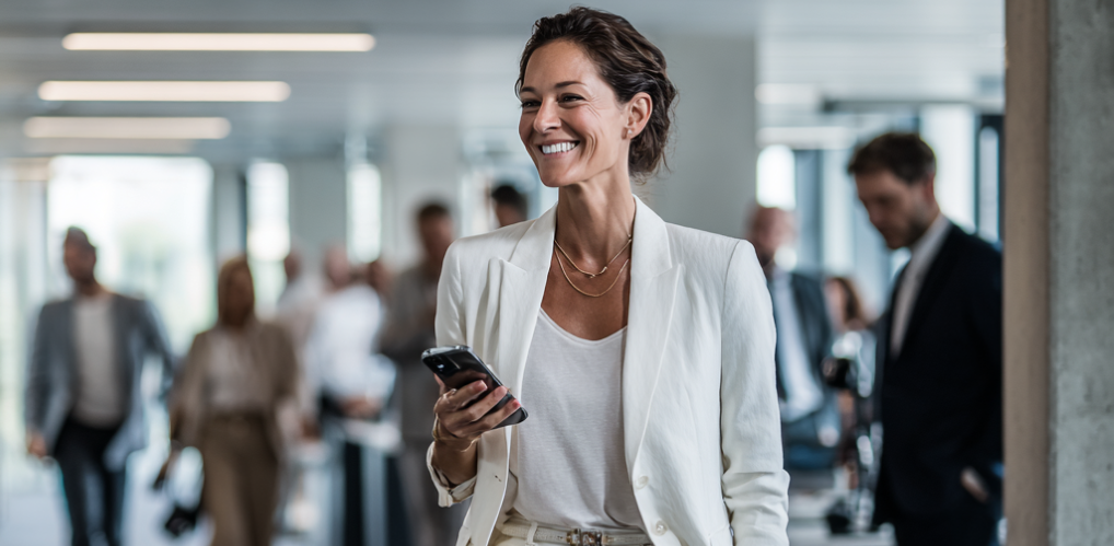 Ein modernen 40-jährigen Geschäftsfrau in weißem Business-Anzug, die glücklich und konzentriert auf ihr Handy schaut, während sie in einem modernen Büro im Industrie-Chic steht, mit unscharfen Menschen im Vordergrund.