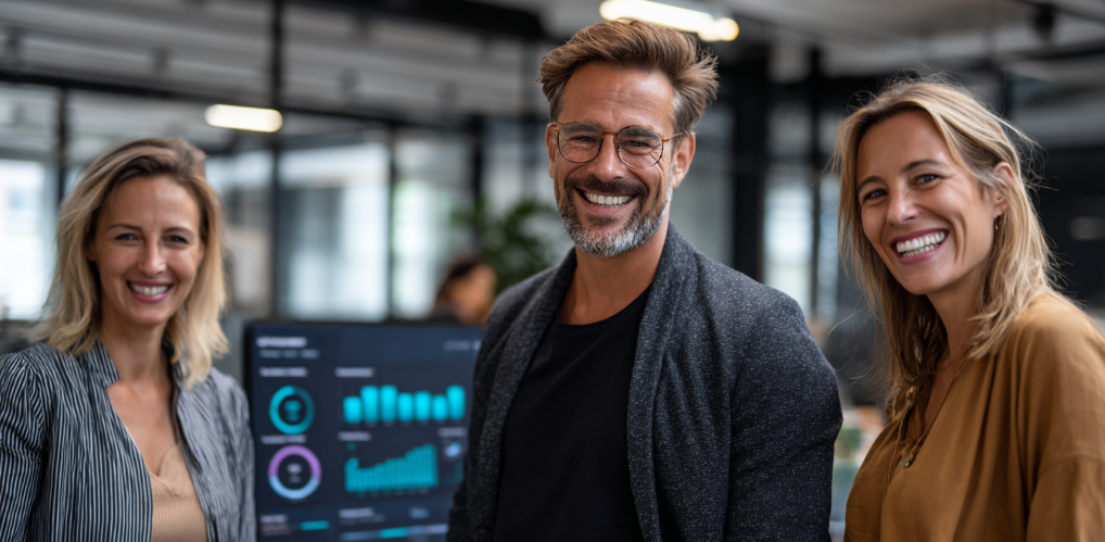 Eine Gruppe von Geschäftsleuten (zwei Frauen und ein Mann) steht in einem modernen, hellen Büro, sie lächeln in die Kamera. Im Hintergrund steht auf einem Schreibtisch ein Monitor mit einem deutlich sichtbaren Dashboard.