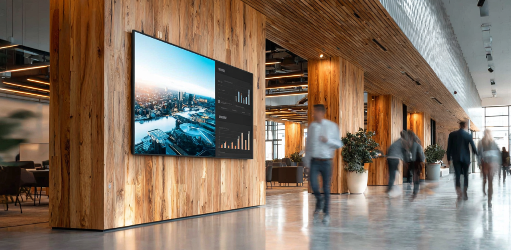 Auf einem großen Bildschirm an einer Wand ist etwas verschwommen ein Report zu sehen. Der Hintergrund zeigt eine große Lobby eines Unternehmens in dem Menschen sich bewegen.