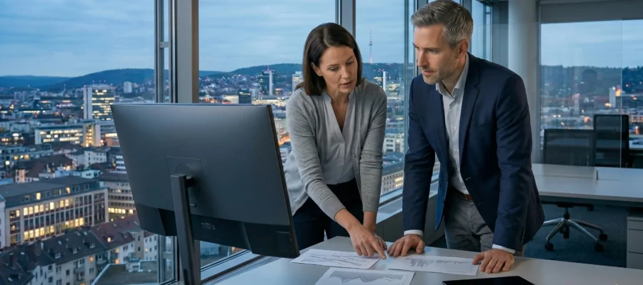 Two financial experts are standing in a modern office with floor-to-ceiling windows overlooking the city at dusk. They are deeply engrossed in a discussion about e-invoices and are looking together at documents lying on a desk. A large monitor stands on the desk, but it is turned away from the viewer, so the screen cannot be seen.