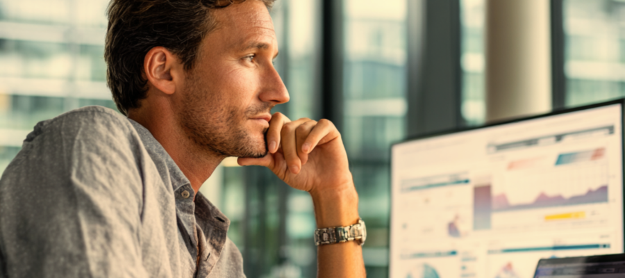 Geschäftsmann blickt konzentriert auf ein digitales Finanzdashboard und analysiert Unternehmenskennzahlen zur Cashflow Steuerung.