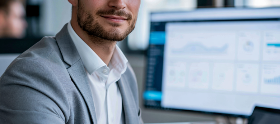 Mann im grauen Sakko mit weißem Hemd sitzt an einem Laptop in einem modernen Büro. Im Himtergrund ist ein Monitor auf dem Schreibtisch aufgestellt, der ein Dashboard mit Finance-Analysen zeigt.