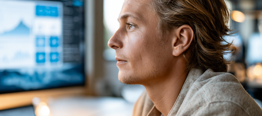 Mann im grauen Sakko mit weißem Hemd sitzt an einem Laptop in einem modernen Büro. Im Himtergrund ist ein Monitor auf dem Schreibtisch aufgestellt, der ein Dashboard mit Finance-Analysen zeigt.