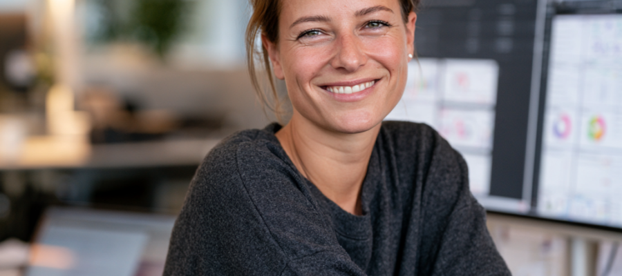 Frau im dunkelgrauen Pullover sitzt vor zwei Monitoren in einem modernen Büro. Auf den Monitoren sind Analysen aus dem Controlling zu sehen. Sie lächelt in die Kamera. Im Hintergrund ist eine warme und dezente Bürobeleuchtung.